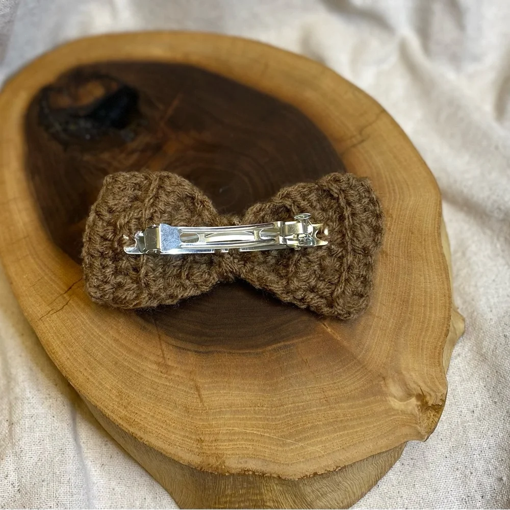Crochet neutral brown color bohemian hair bow with clasp handmade